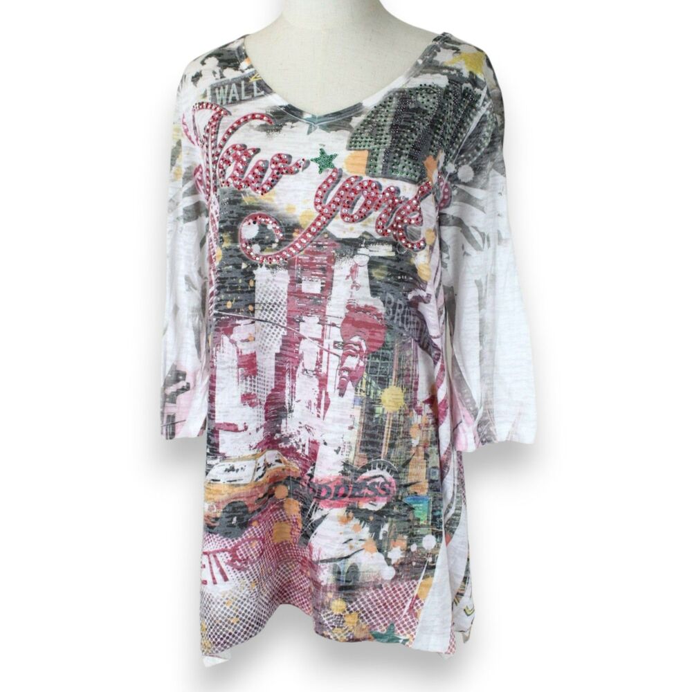 Cactus New York Rhinestone Graphic Tunic Y2K Women’s 3/4 Sleeve City Print LG